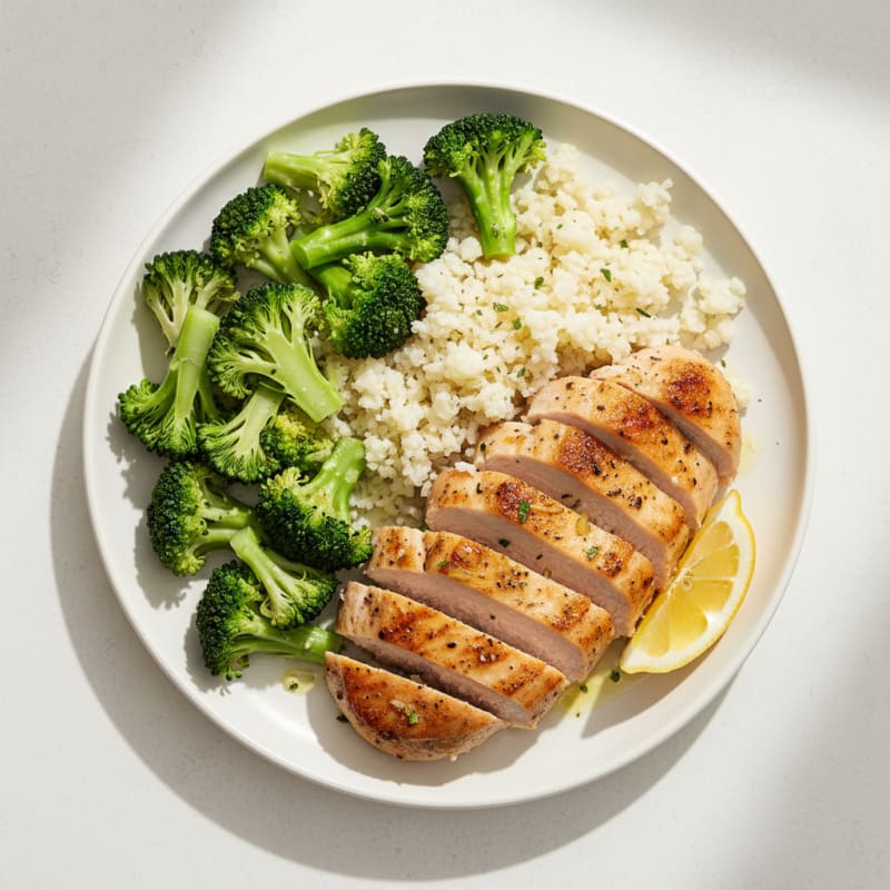 Seared Turkey Breast with Steamed Broccoli and Cauliflower Rice