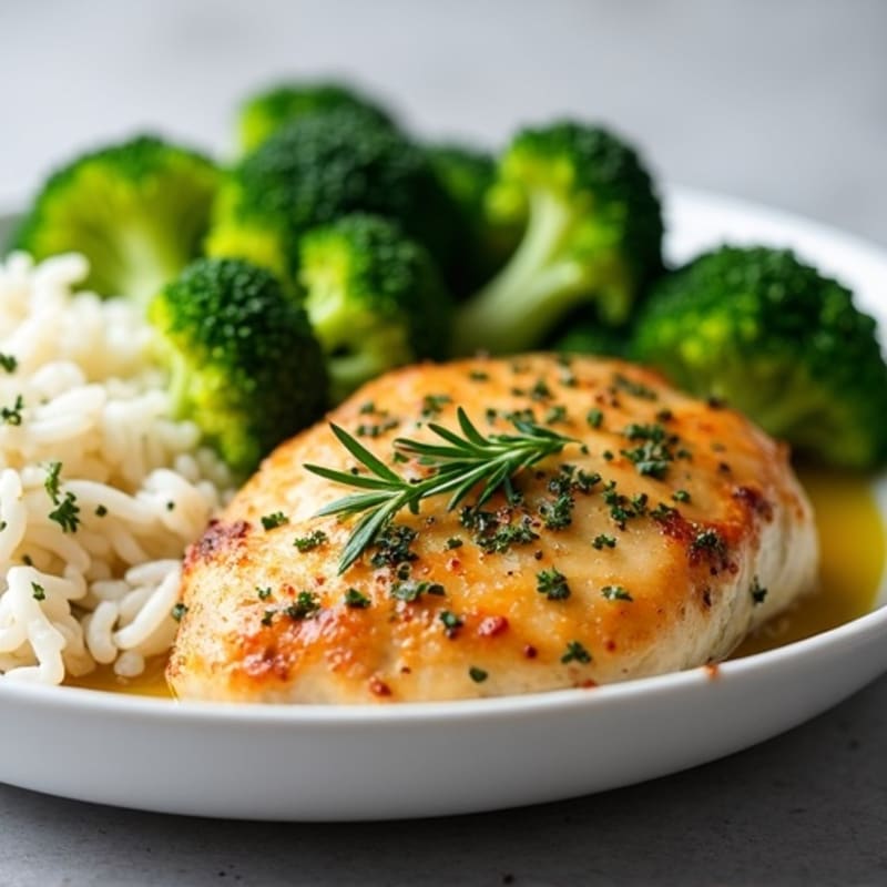 Herb-Baked Chicken Breast with Steamed Rice and Broccoli