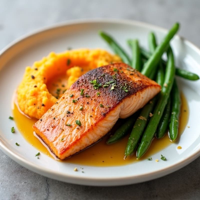 Seared Salmon Fillet with Steamed Green Beans and Sweet Potato Mash