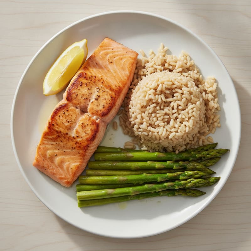 Seared Salmon with Steamed Asparagus and Brown Rice