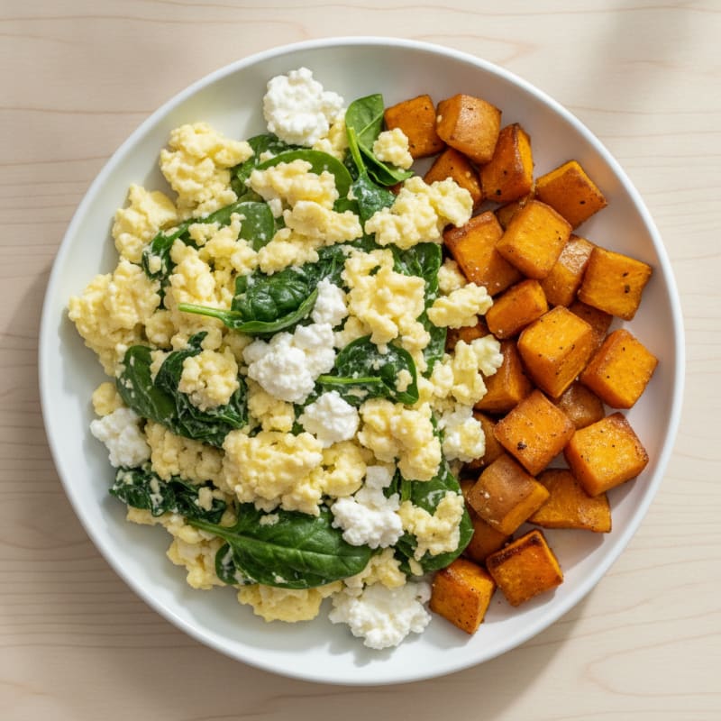 Cottage Cheese Scramble with Spinach and Roasted Sweet Potato