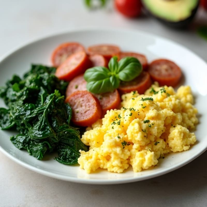 Egg White Scramble with Turkey Sausage and Sautéed Spinach
