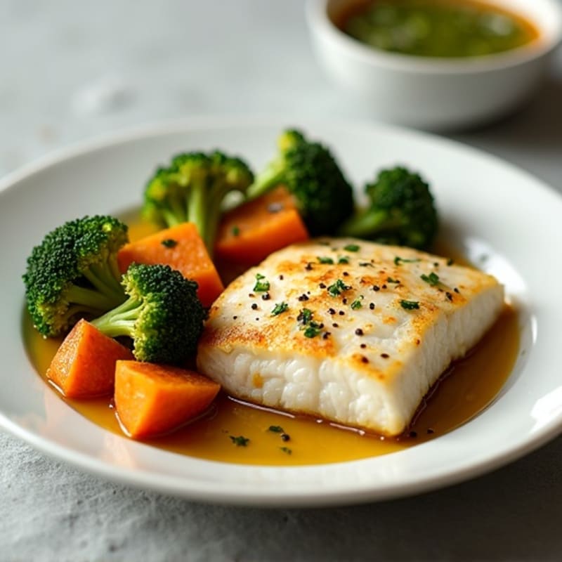 Baked Cod with Roasted Sweet Potatoes and Broccoli