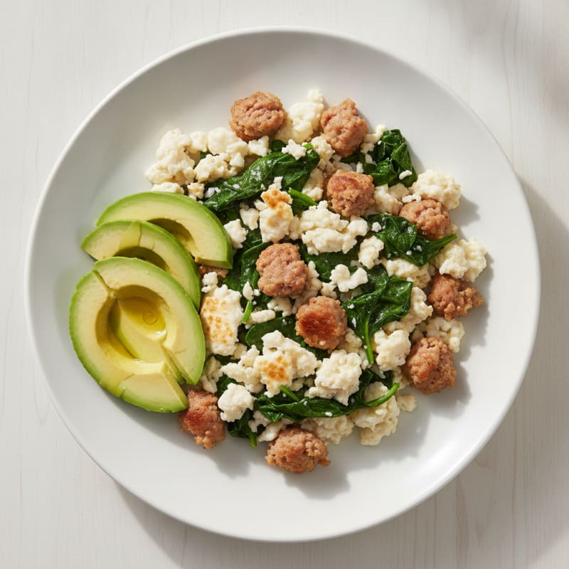 Egg White Scramble with Turkey Sausage and Sautéed Spinach