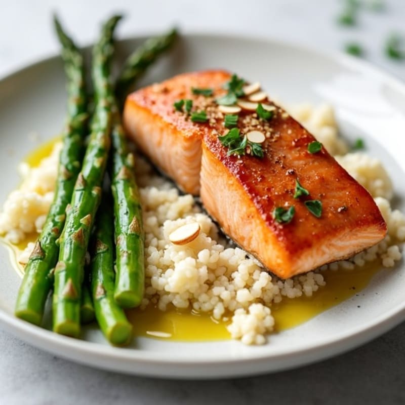 Seared Salmon Fillet with Steamed Asparagus and Cauliflower Rice
