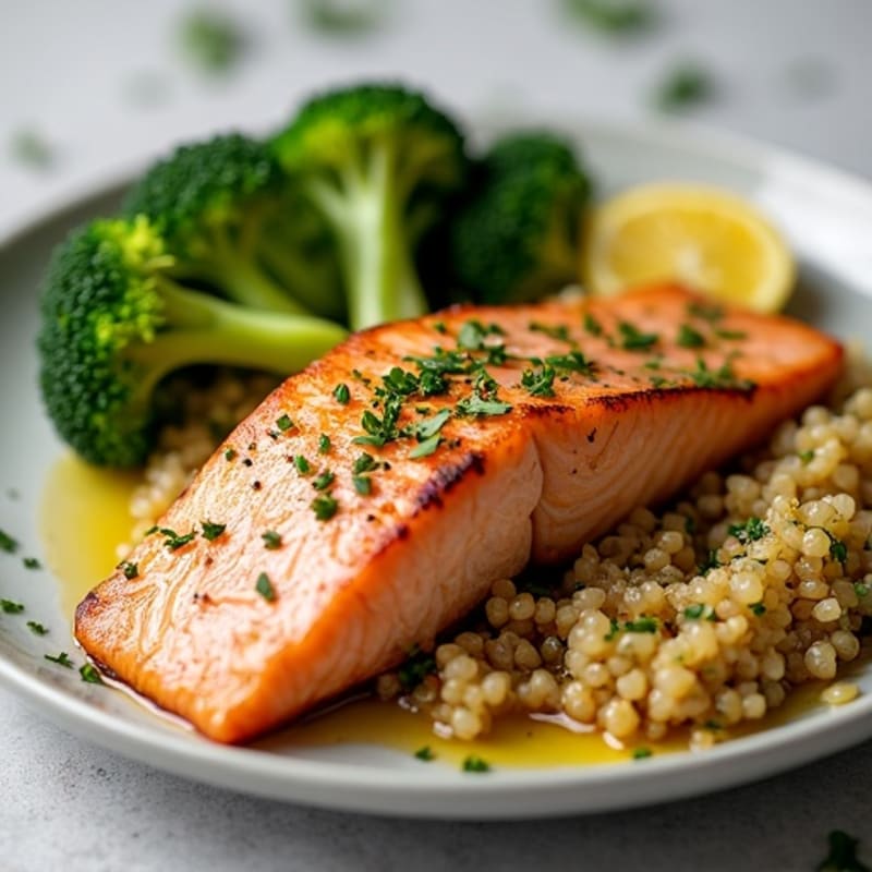 Seared Salmon with Roasted Broccoli and Garlic Quinoa