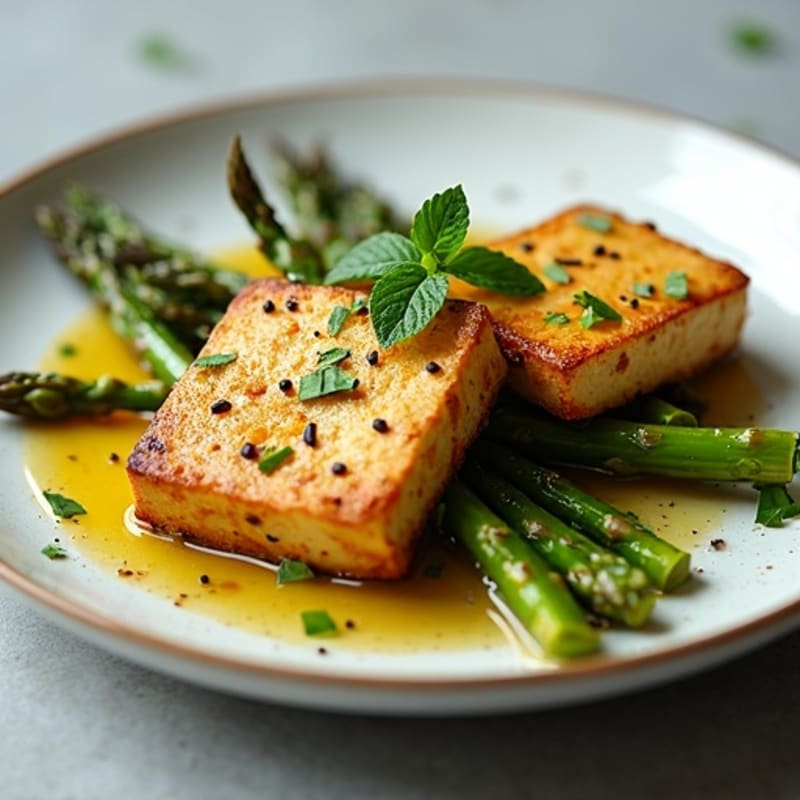 Pan-Seared Herbed Tofu Steaks with Roasted Asparagus