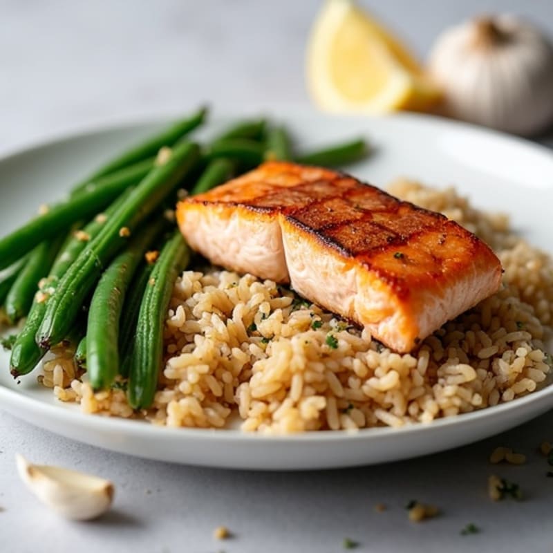 Seared Salmon with Garlic Green Beans and Brown Rice