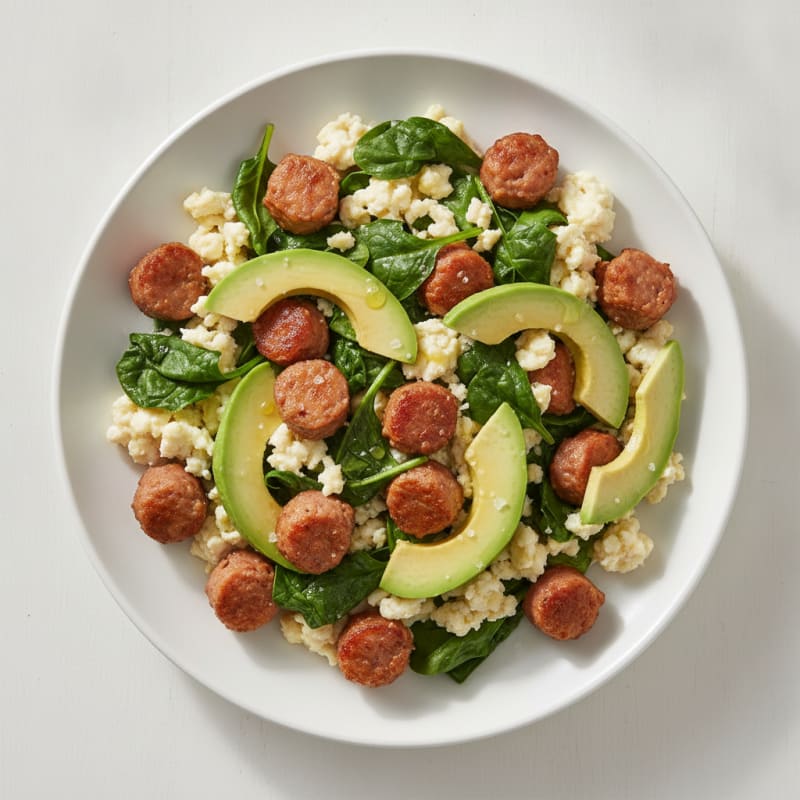 Egg White and Turkey Sausage Scramble with Sautéed Spinach