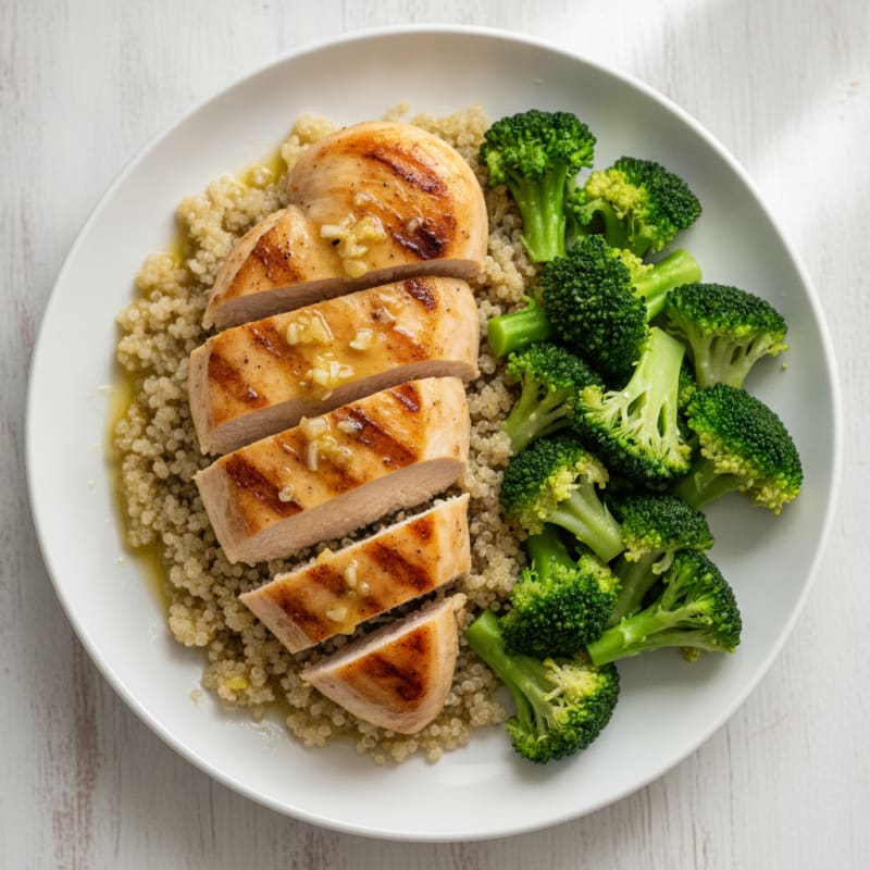 Grilled Chicken Breast with Steamed Broccoli and Quinoa