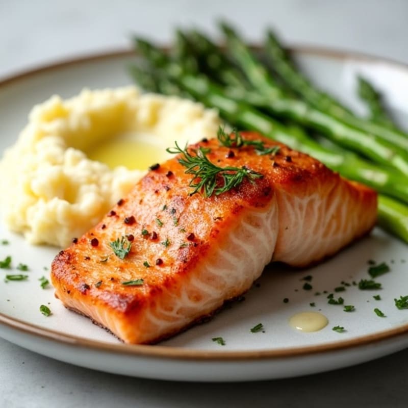Crispy Baked Salmon with Creamy Garlic Mashed Potatoes and Fresh Asparagus