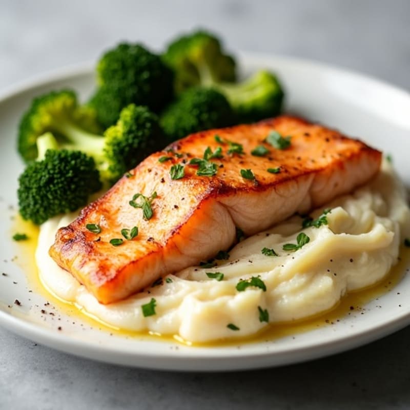 Seared Salmon with Roasted Broccoli and Garlic Mashed Potatoes
