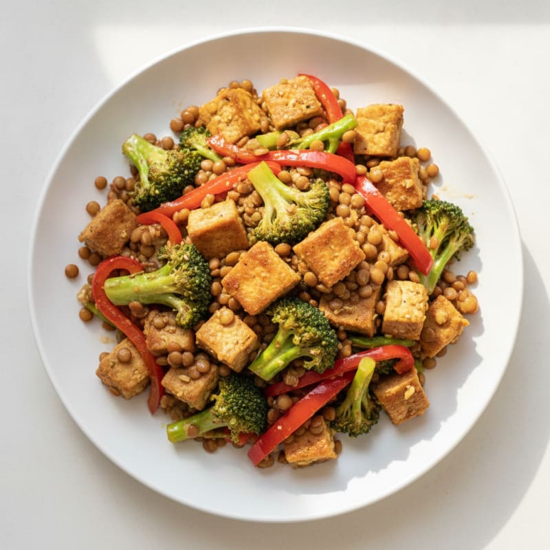 Lentil and Seitan Stir-Fry with Broccoli and Peppers