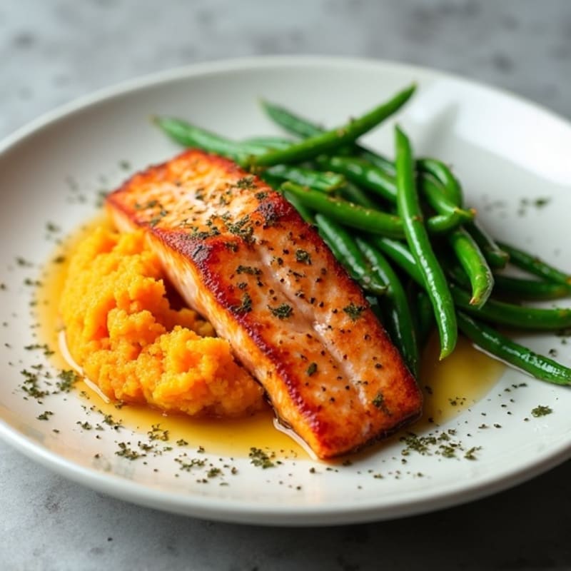 Seared Salmon with Garlic Green Beans and Sweet Potato Mash