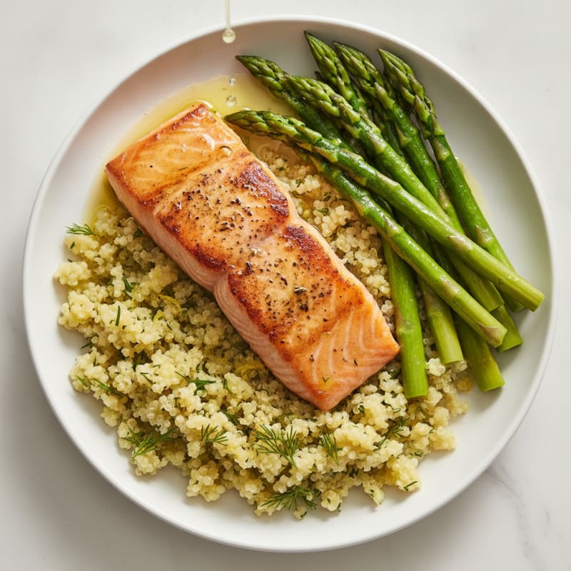 Seared Salmon with Steamed Asparagus and Lemon-Herb Quinoa