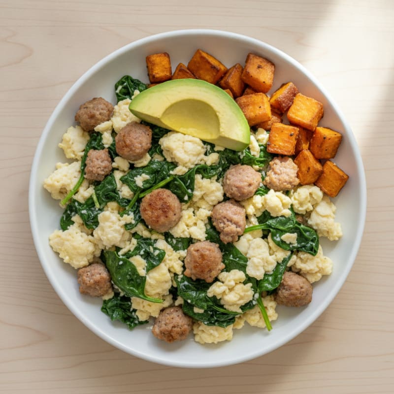 Egg White and Spinach Scramble with Turkey Sausage