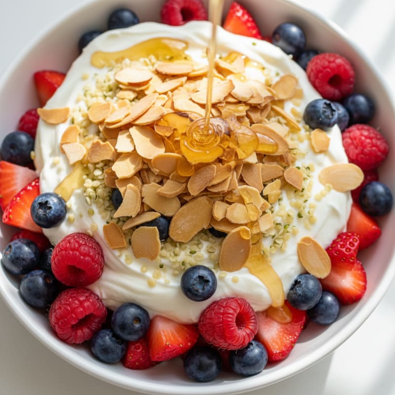 Greek Yogurt Parfait with Crunchy Almonds and Mixed Berries