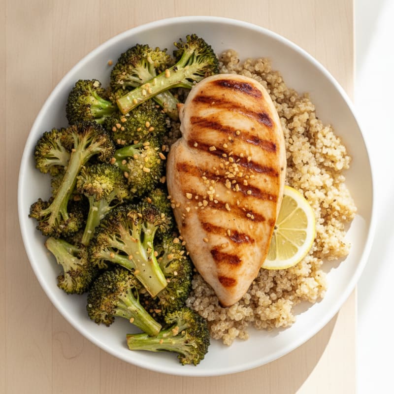 Grilled Chicken and Quinoa Bowl with Roasted Broccoli