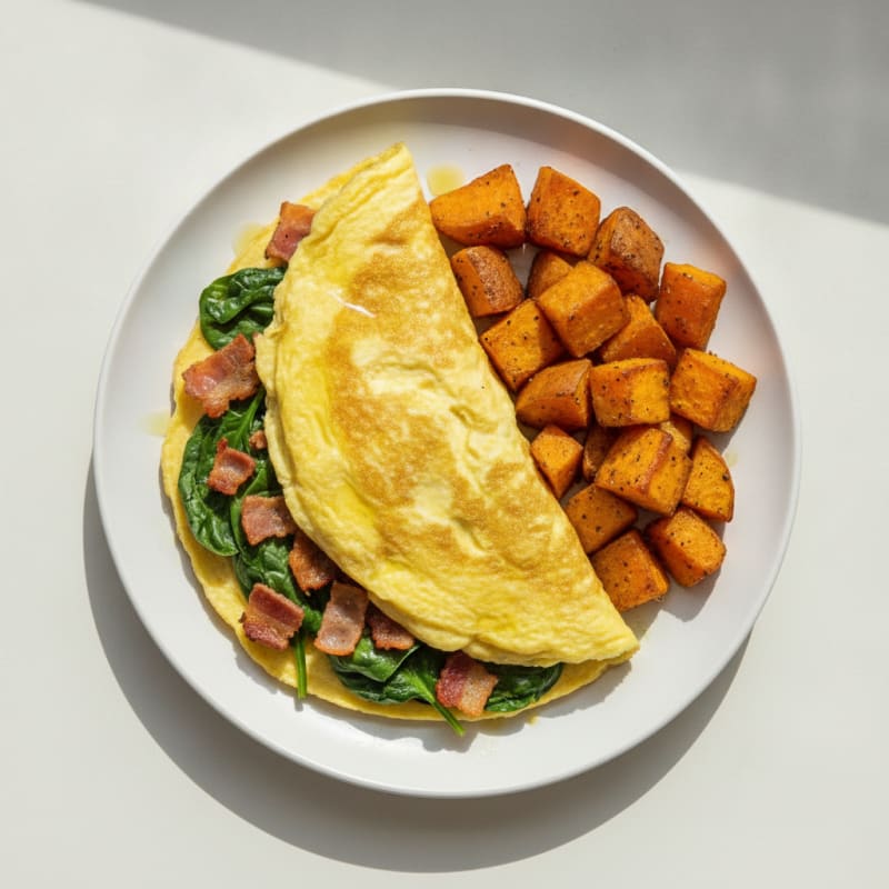Crispy Turkey Bacon and Spinach Omelet with Roasted Sweet Potatoes
