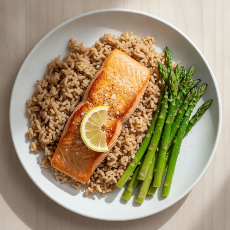 Seared Salmon Fillet with Steamed Asparagus and Brown Rice