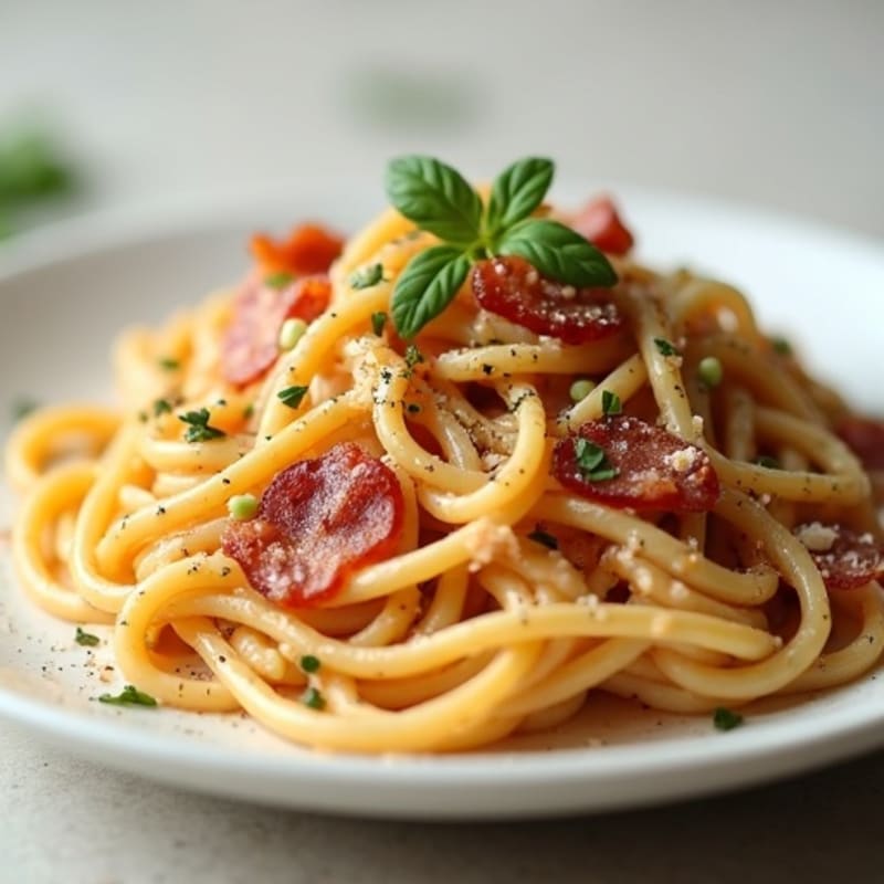 Creamy Whole Wheat Pasta Carbonara with Crispy Turkey Bacon