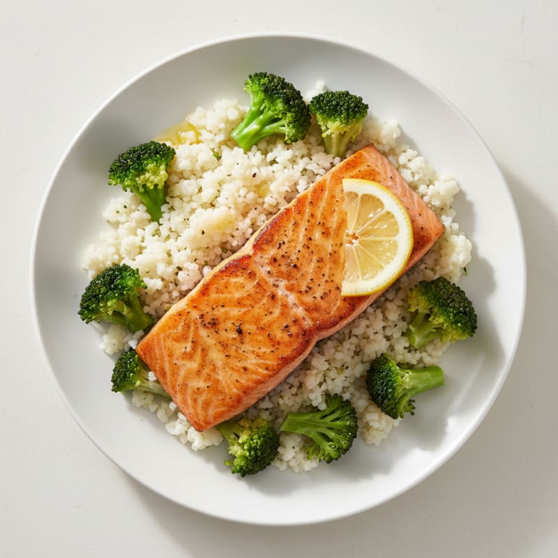 Seared Salmon with Steamed Broccoli and Cauliflower Rice