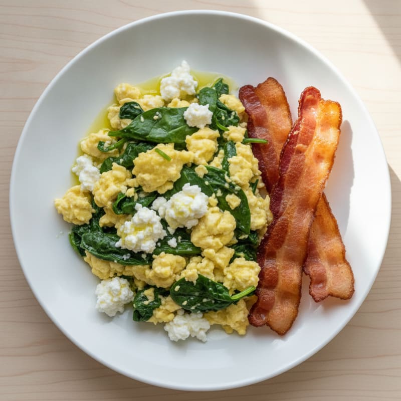 Cottage Cheese Scramble with Spinach and Turkey Bacon