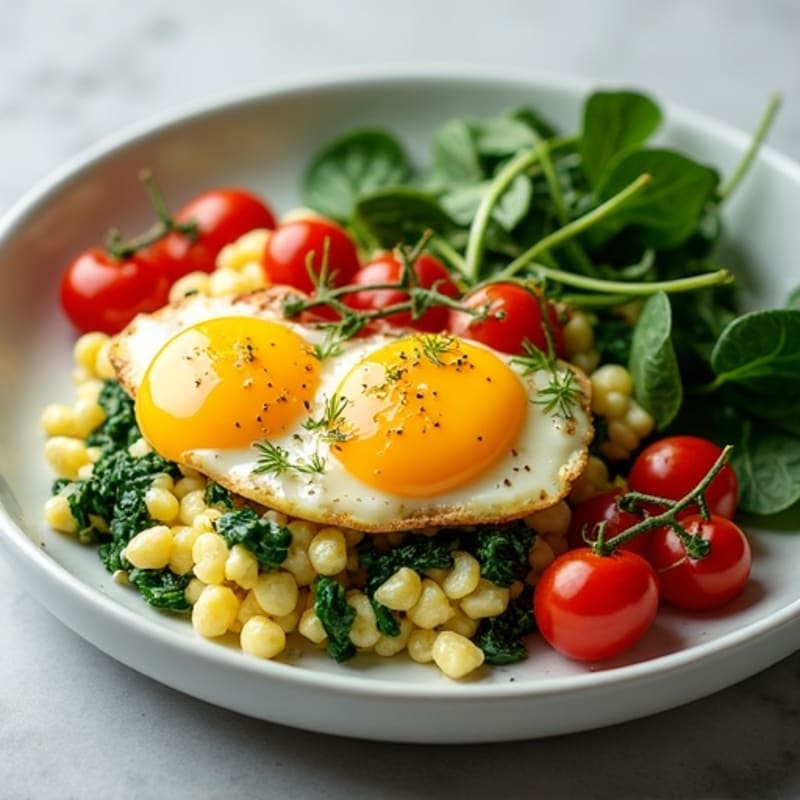 Fluffy Egg Scramble with Sautéed Spinach and Cherry Tomatoes