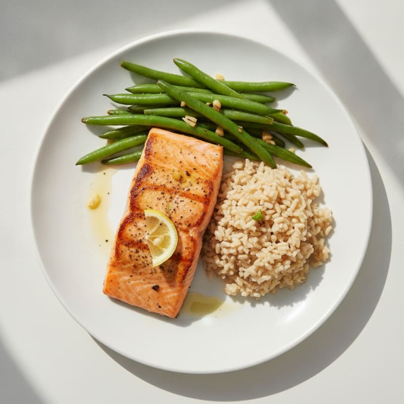 Seared Salmon with Garlic Green Beans and Brown Rice