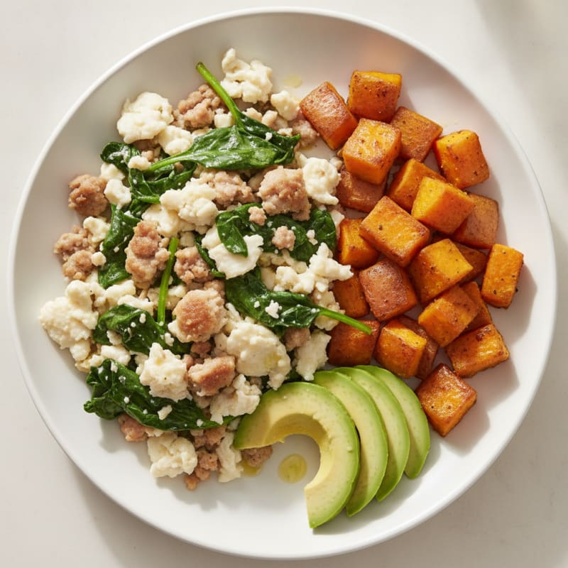 Egg White and Turkey Sausage Scramble with Spinach and Roasted Sweet Potatoes