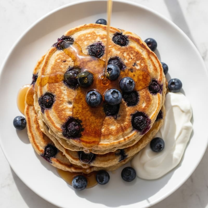 Blueberry Ricotta Pancakes with Maple Syrup