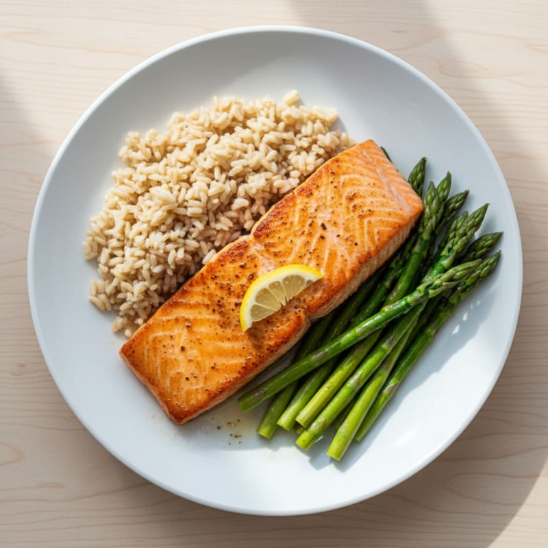 Seared Salmon with Steamed Asparagus and Brown Rice