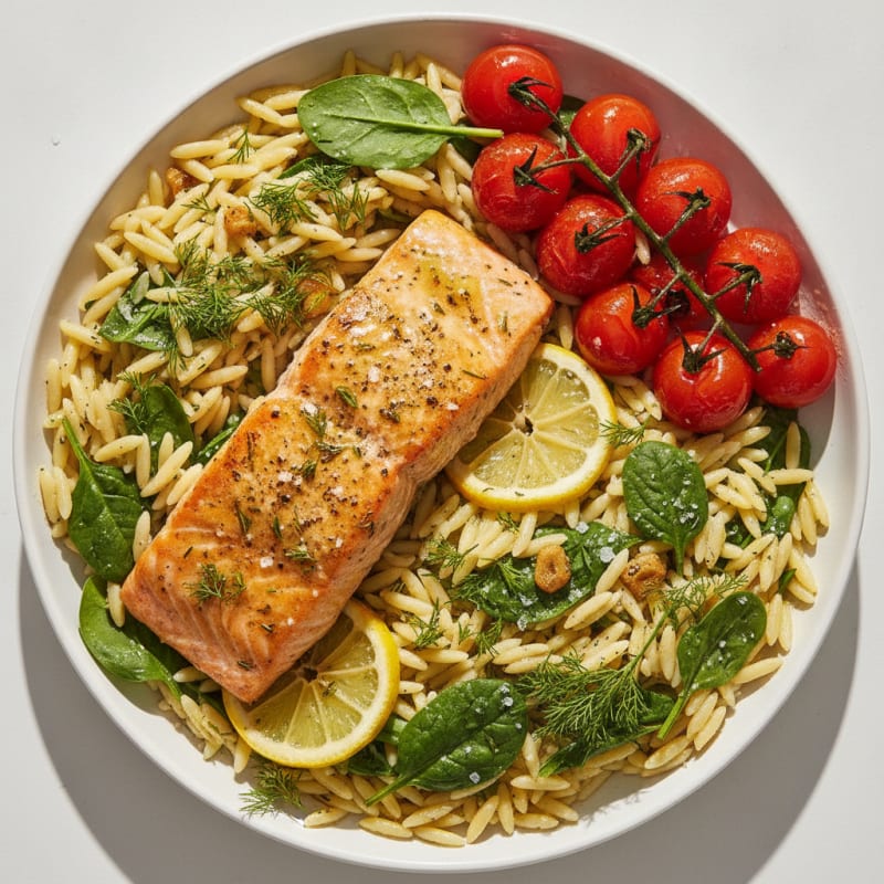 Lemon-Herb Roasted Salmon with Orzo and Tomatoes
