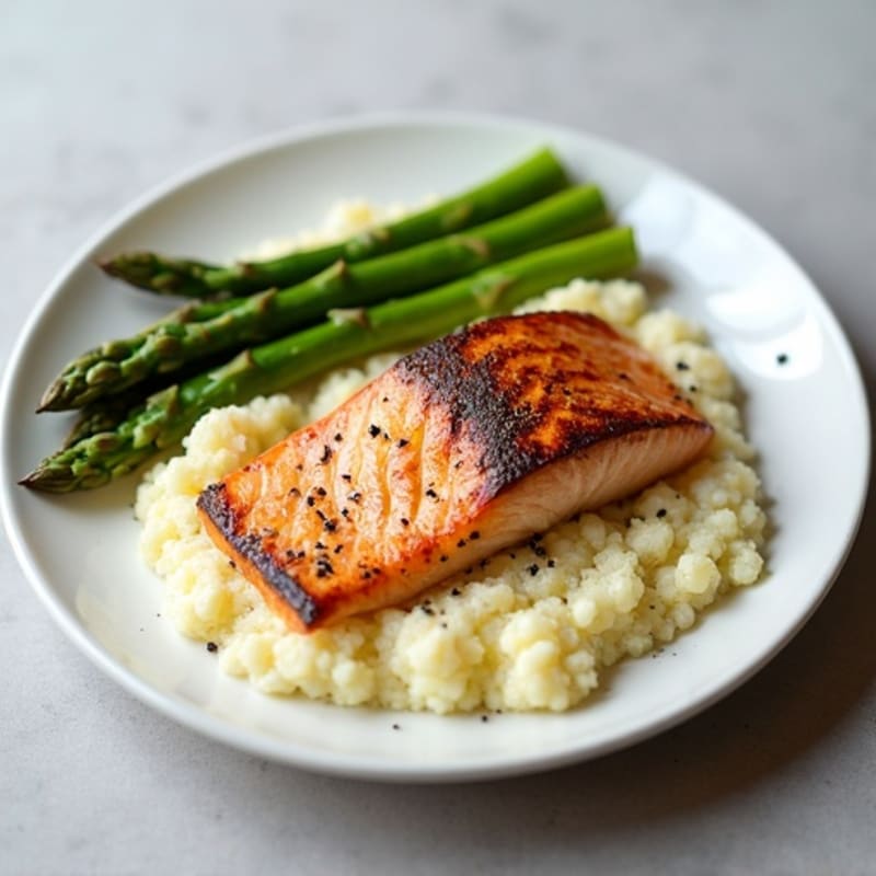 Seared Salmon with Steamed Asparagus and Garlic Cauliflower Mash