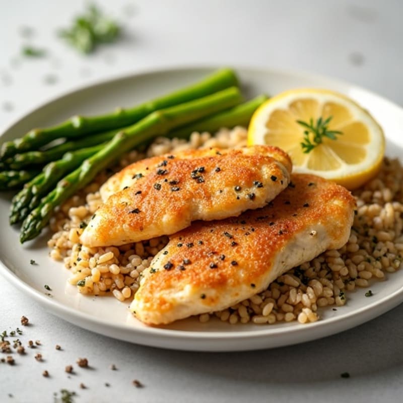 Crispy Lemon Herb Chicken with Fluffy Brown Rice and Roasted Asparagus