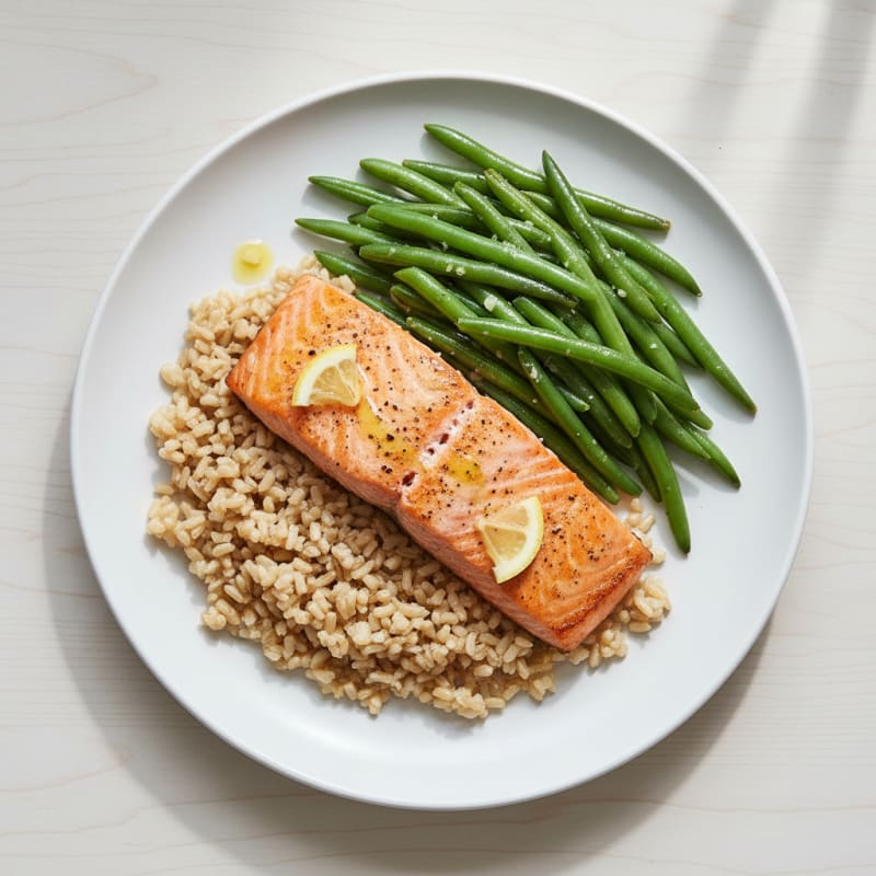 Seared Salmon Fillet with Steamed Green Beans and Brown Rice