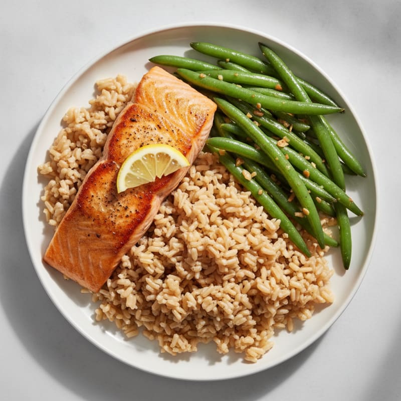 Seared Salmon with Garlic Green Beans and Brown Rice