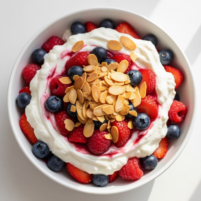 High-Protein Greek Yogurt Parfait with Mixed Berries and Almonds