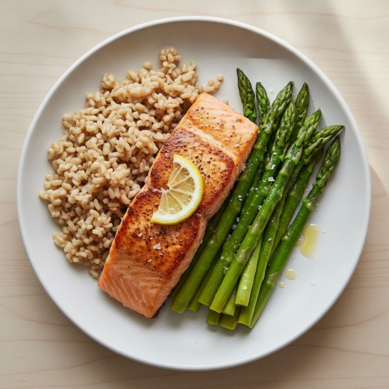 Seared Salmon with Steamed Asparagus and Brown Rice