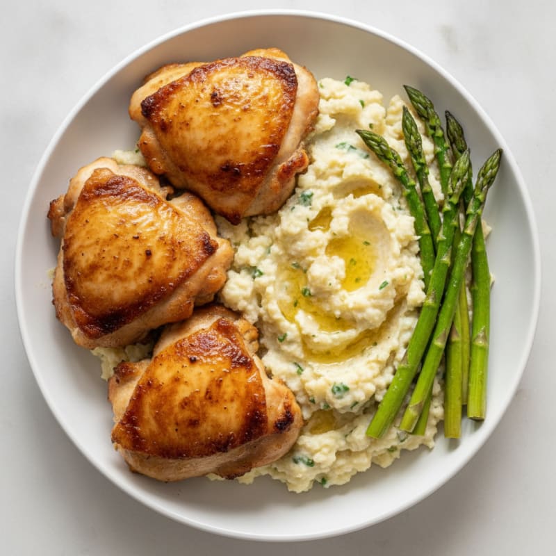 Seared Chicken Thighs with Creamy Garlic Cauliflower Mash
