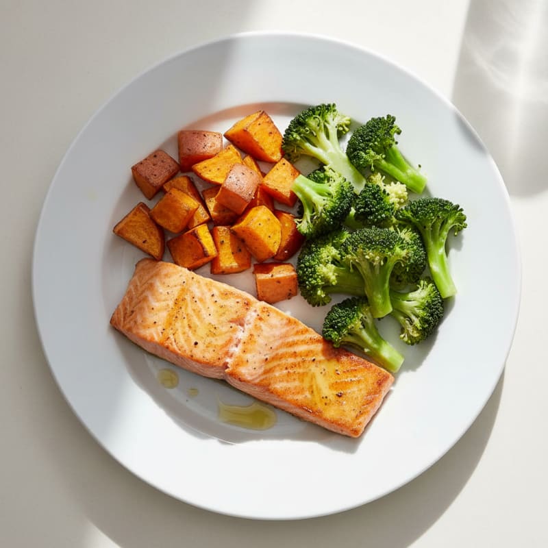 Seared Salmon Fillet with Roasted Sweet Potatoes and Steamed Broccoli