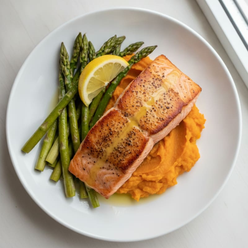 Seared Salmon with Roasted Asparagus and Sweet Potato Mash