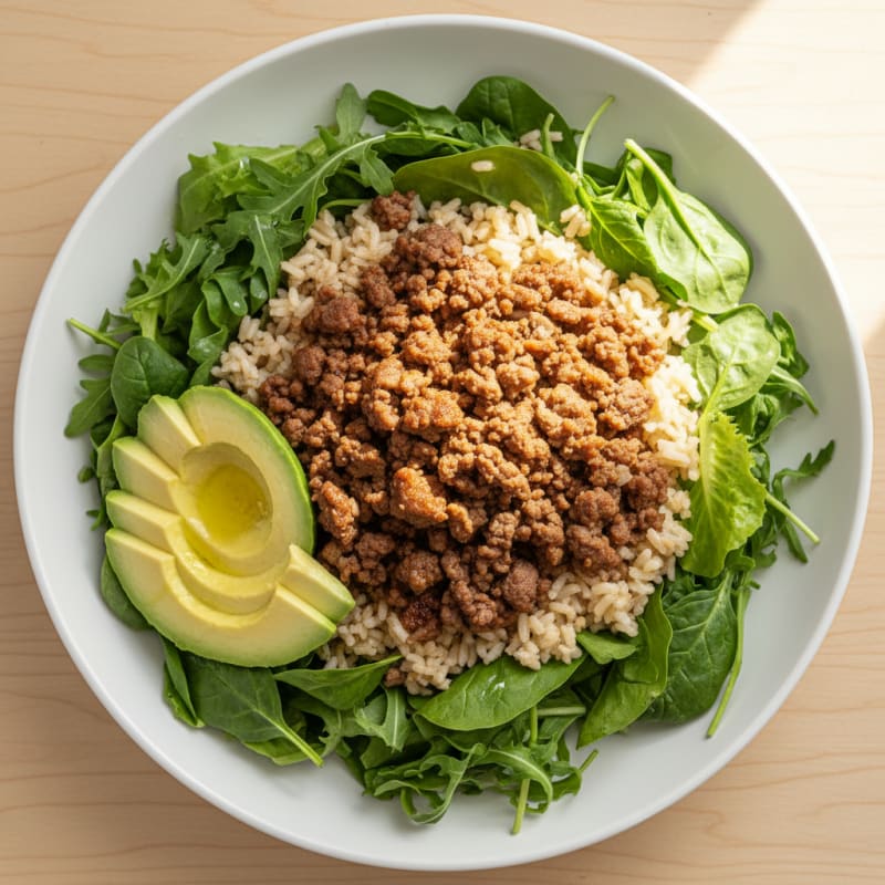 Grilled Ground Beef and Rice Bowl with Fresh Greens