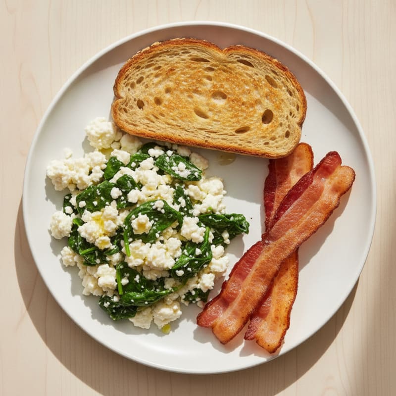 Cottage Cheese and Egg White Scramble with Spinach and Turkey Bacon