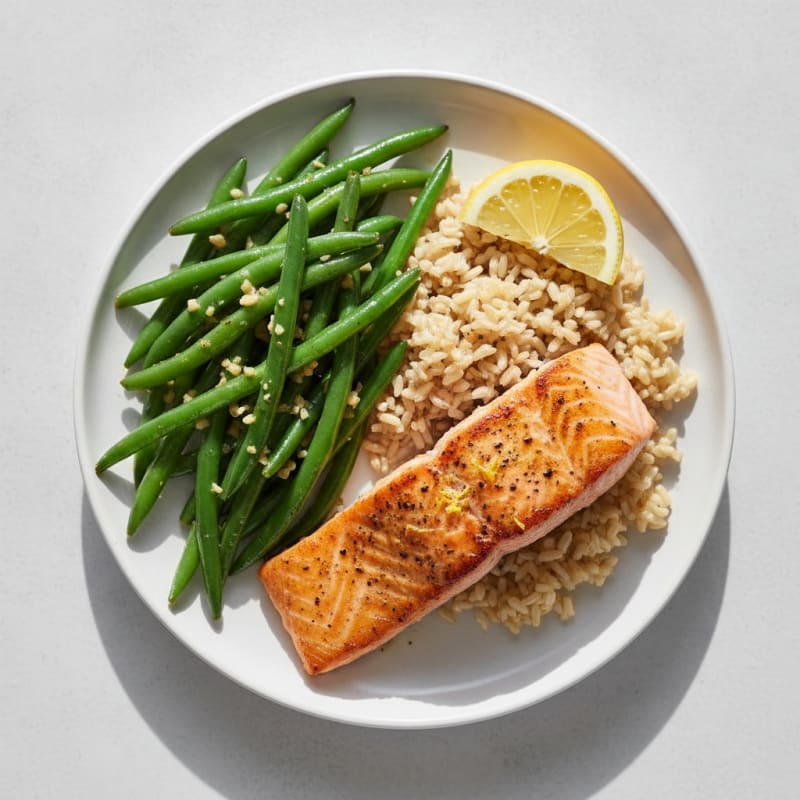Seared Salmon with Garlic Green Beans and Brown Rice