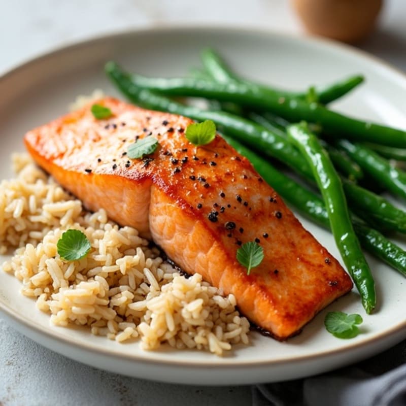 Seared Salmon with Garlic Green Beans and Brown Rice