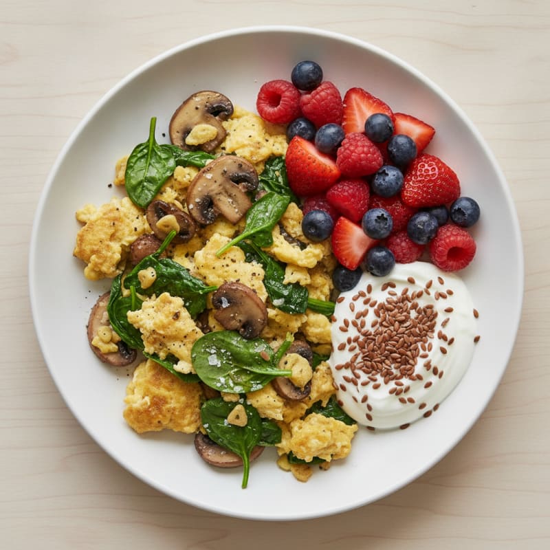 Garlic Mushroom Spinach Scramble with Berries