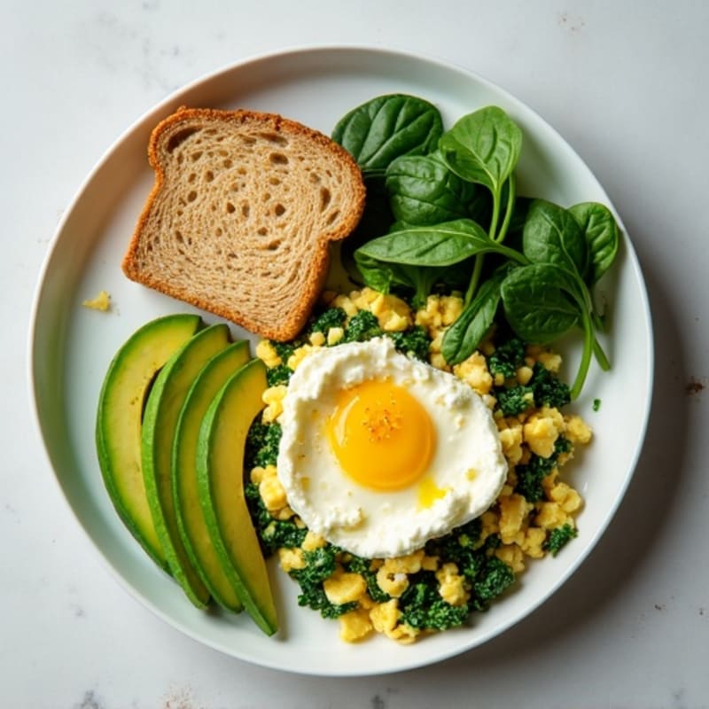 Egg White and Spinach Scramble with Cottage Cheese and Sliced Avocado