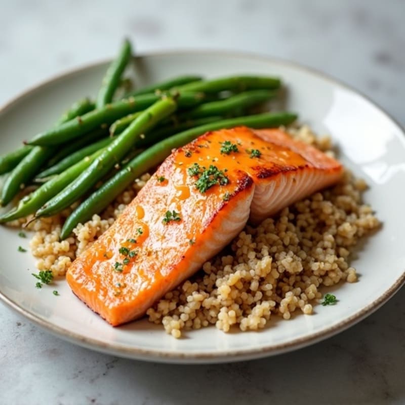 Seared Salmon with Garlic Green Beans and Brown Rice