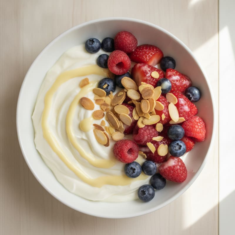 Silky Protein Greek Yogurt Bowl with Mixed Berries and Almonds